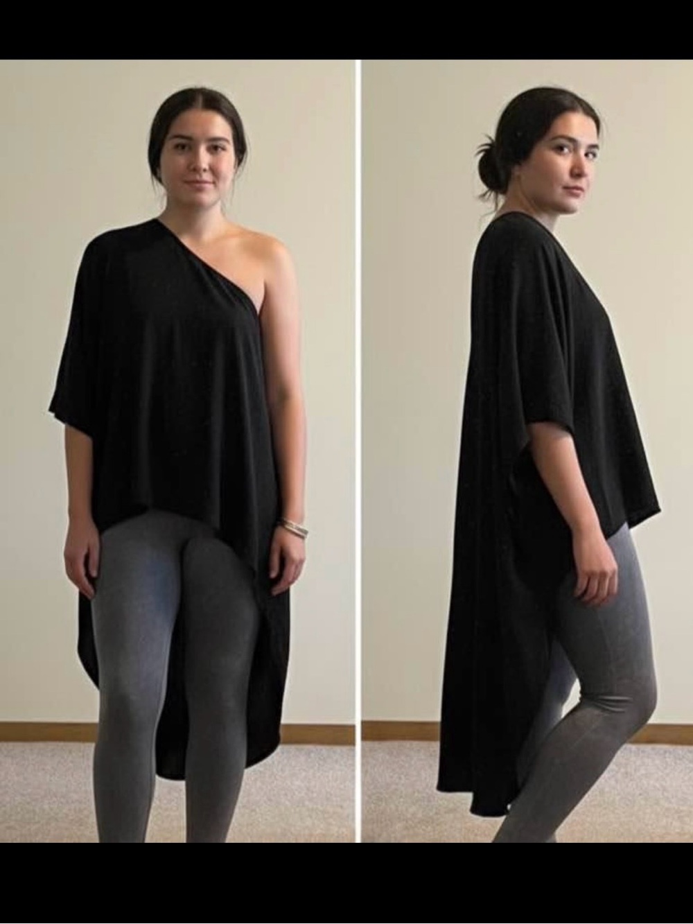 One-Shoulder Black High-Low Tunic Top by
